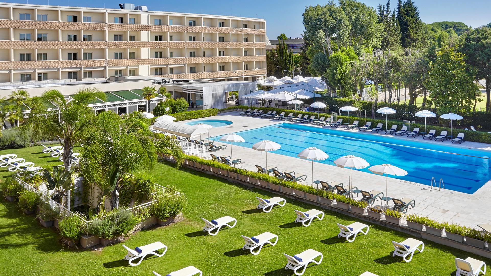 Overhead view of the outdoor pool at Crowne Plaza Rome