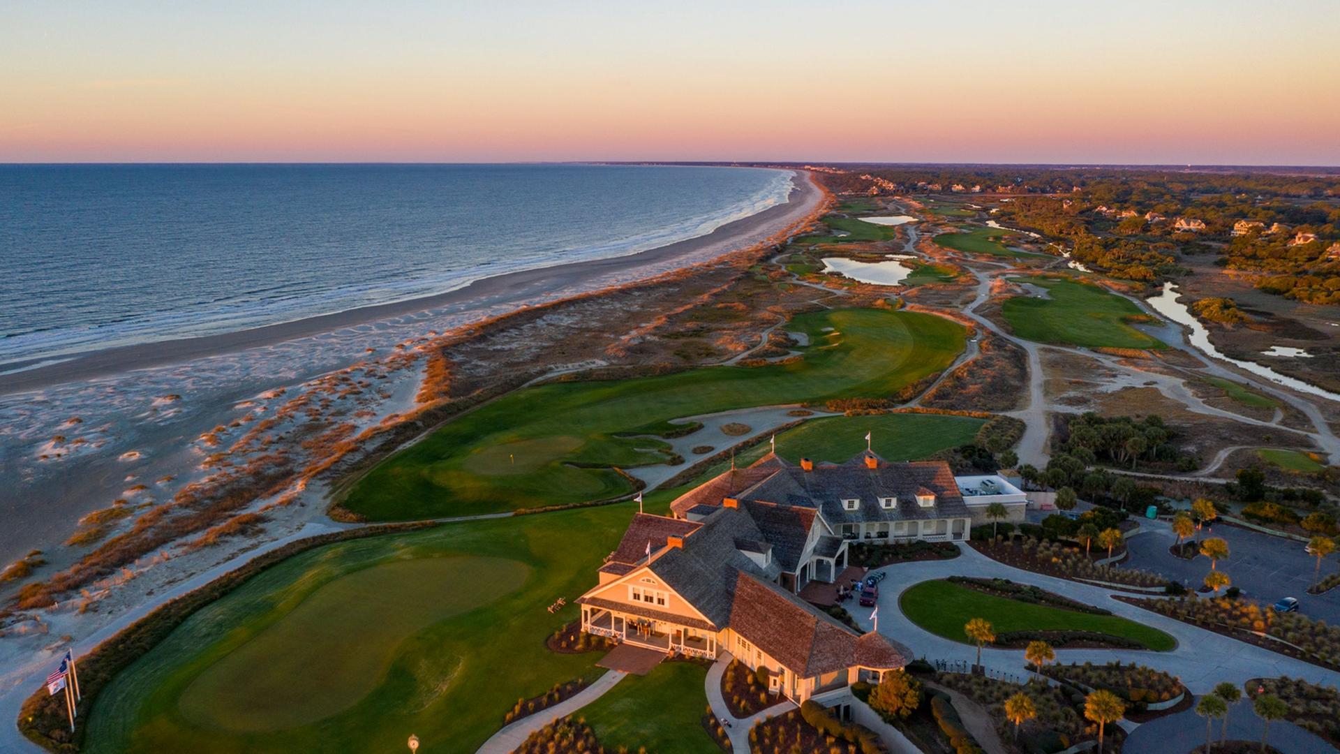 Overhead view of the clubhouse at Kiawah Island Golf Resort overlooking a coastal green
