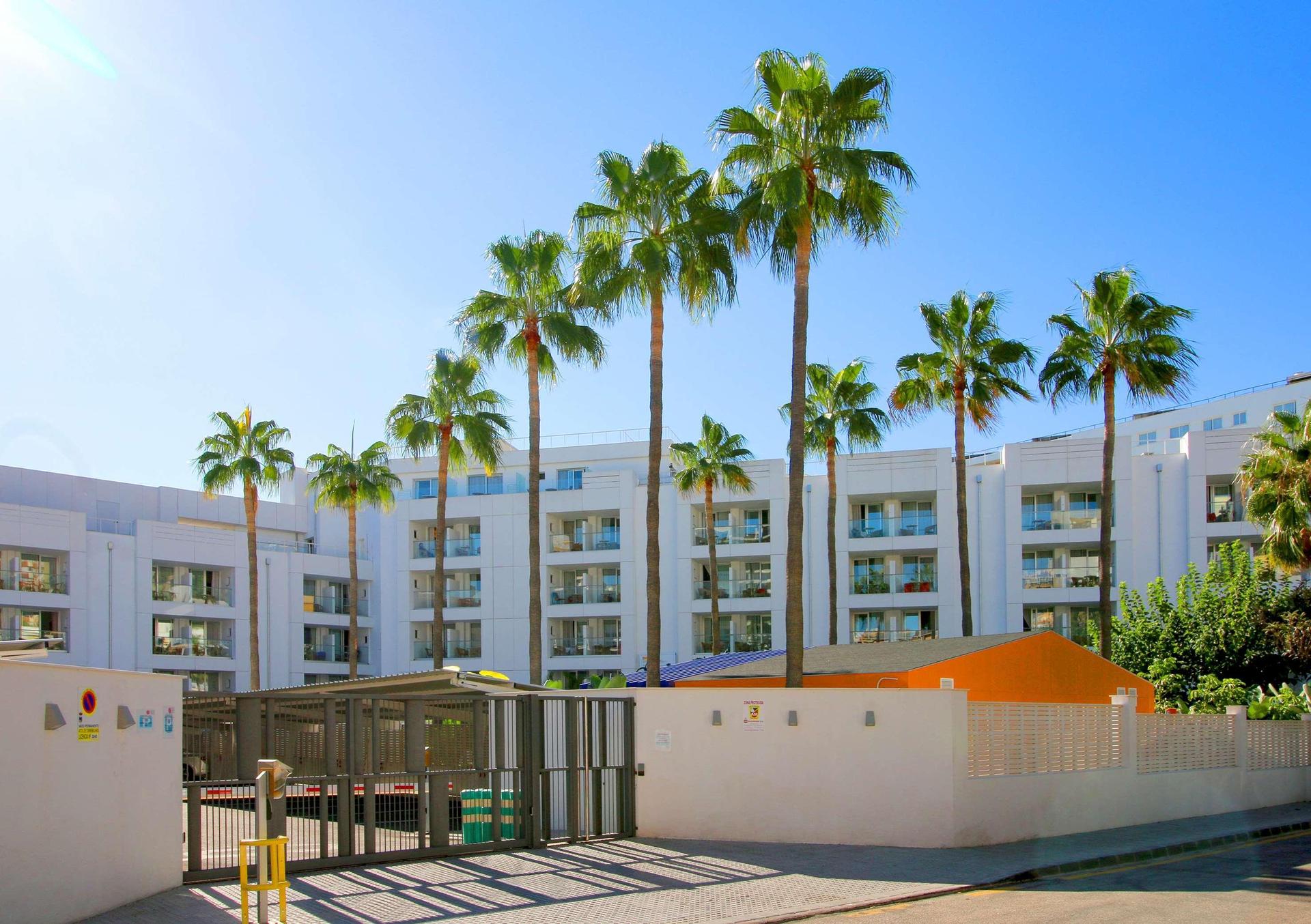 Panoramic view of the Melia Sol Don Pedro lined with palm trees