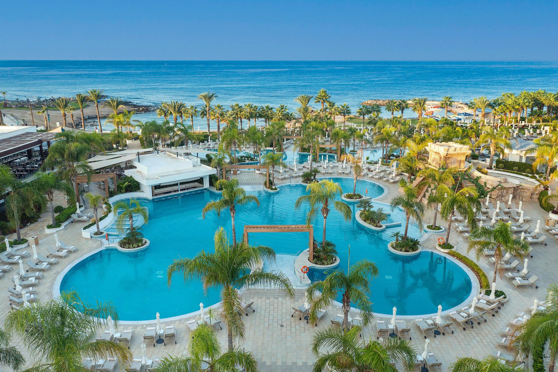 Overhead view of the outside swimming pool at Olympic Lagoon Resort
