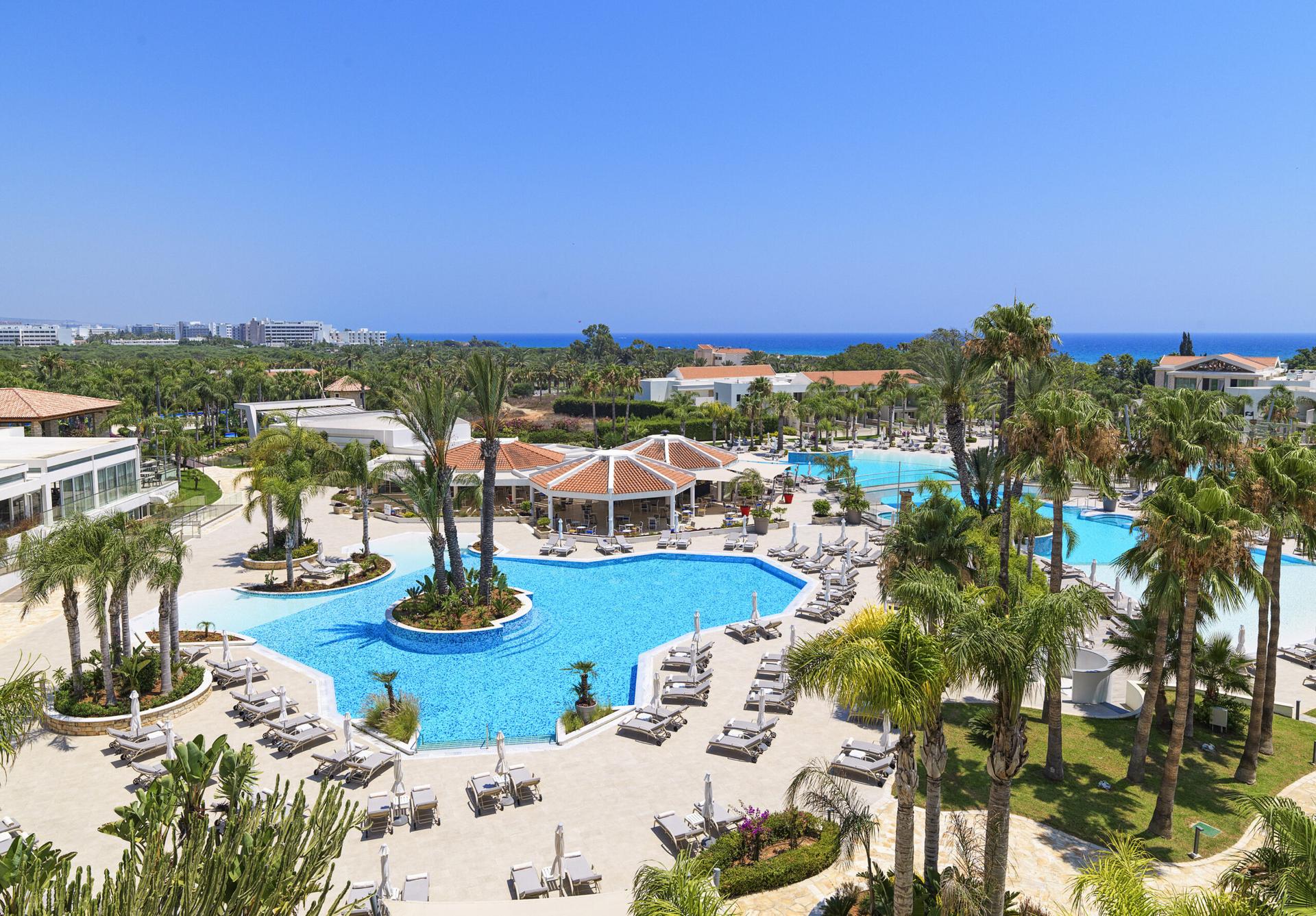 Overhead view of the outdoor swimming pool at Olympic Lagoon Resort