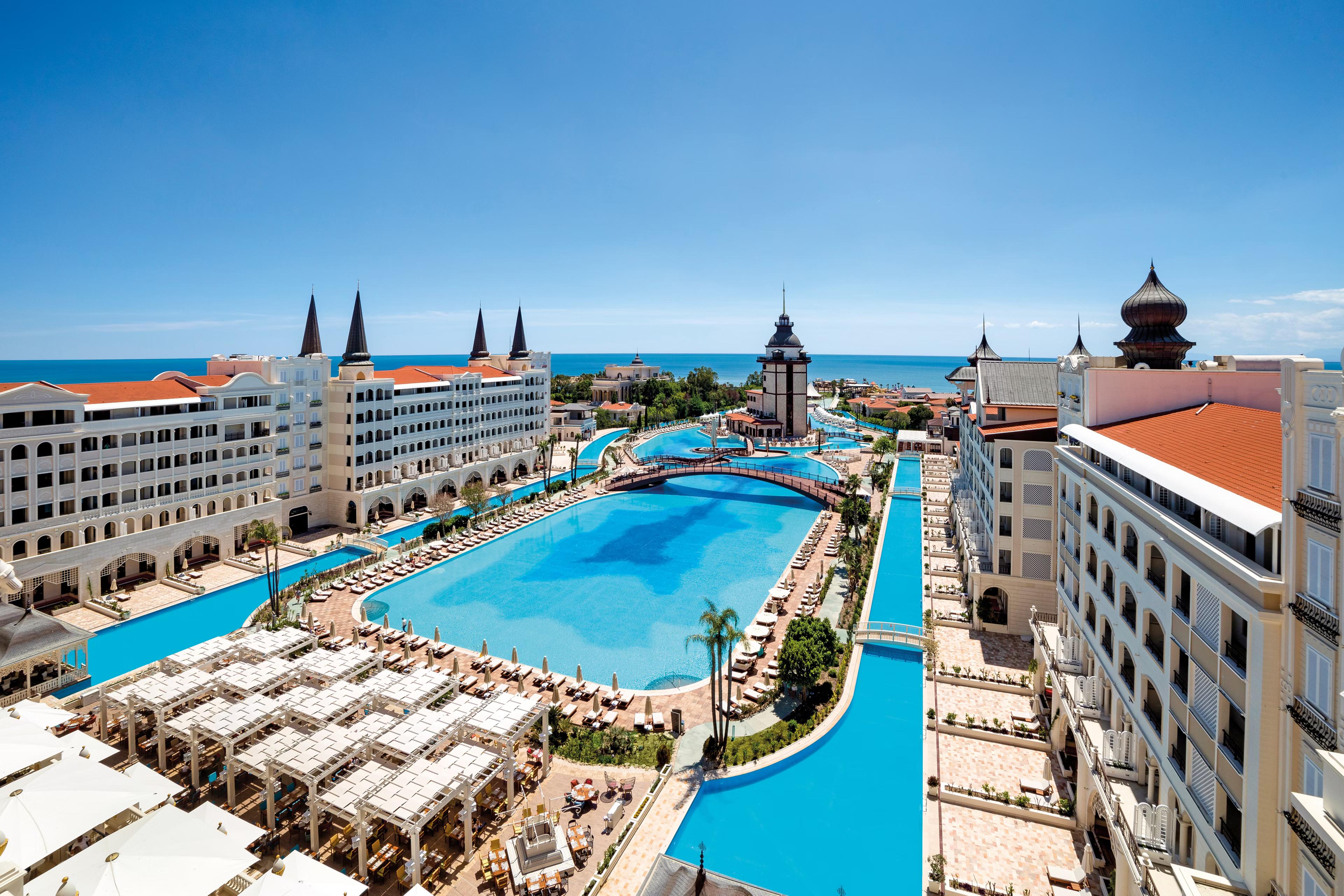 Overhead view of the outdoor swimming pool at Titanic Mardan Palace