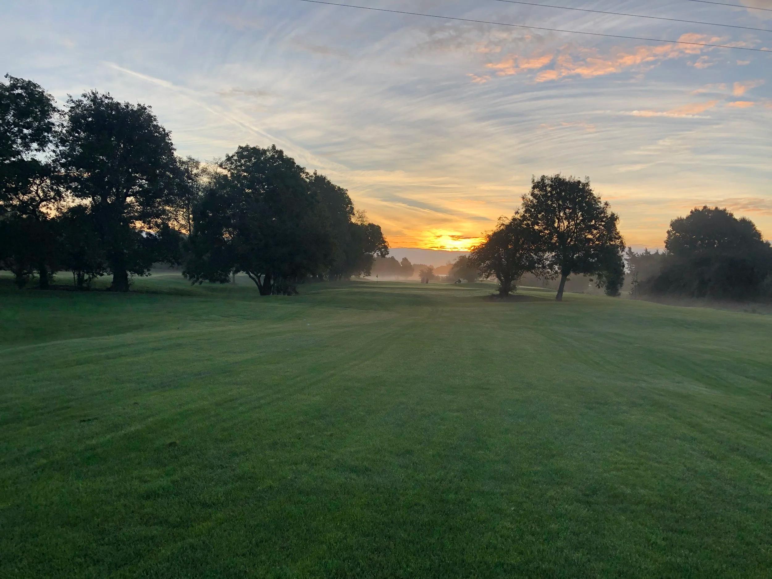 misty sunset over a golf green