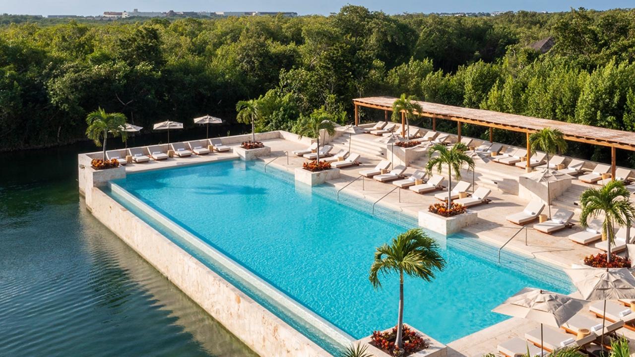 Overhead view of an outdoor pool at Fairmont Mayakoba