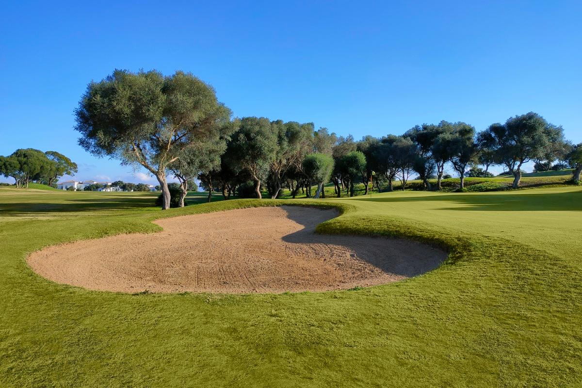 A well maintained fairway nestled with a sand bunker