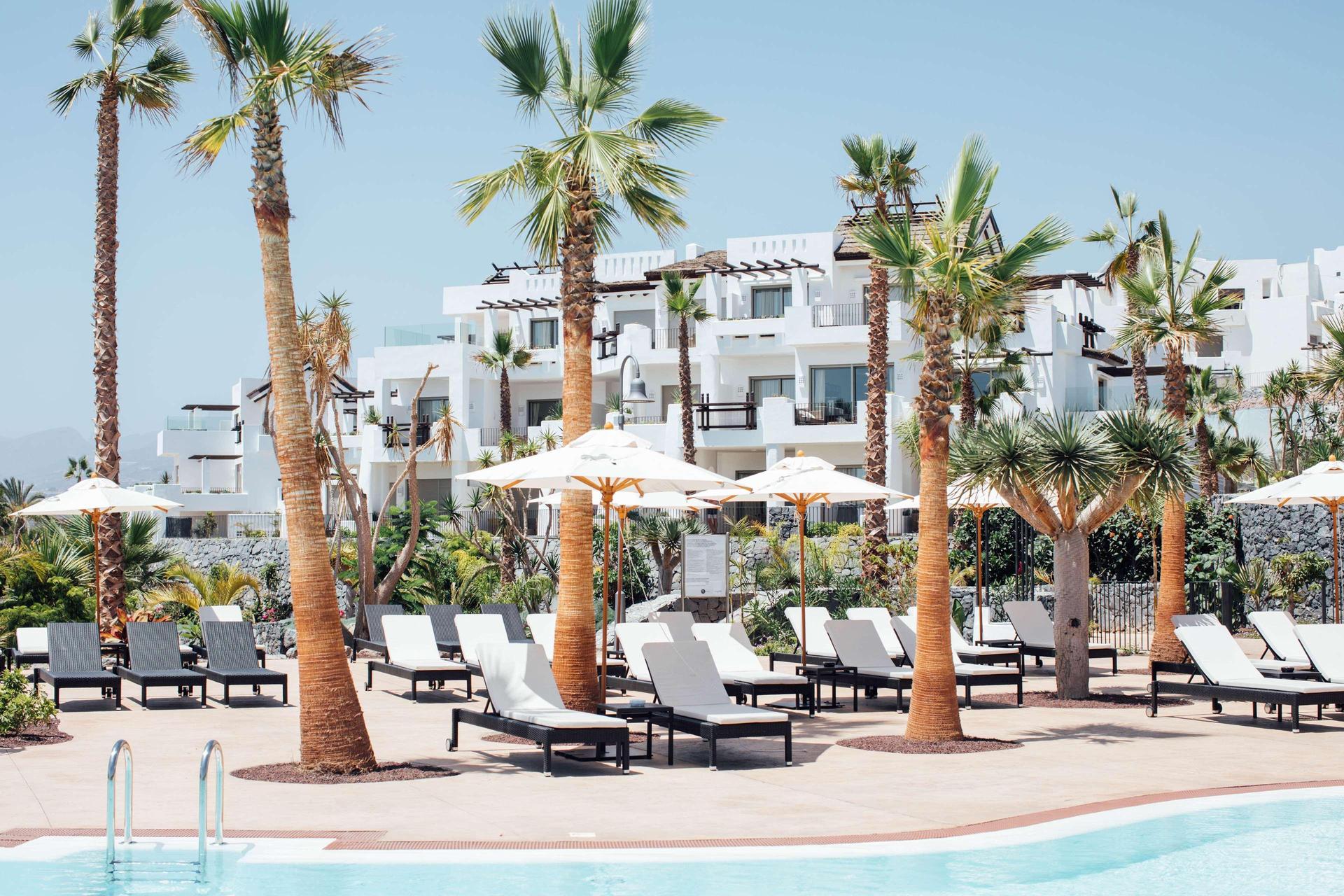 Panoramic view of the Las Terrazas de Abama building overlooking the outdoor pool