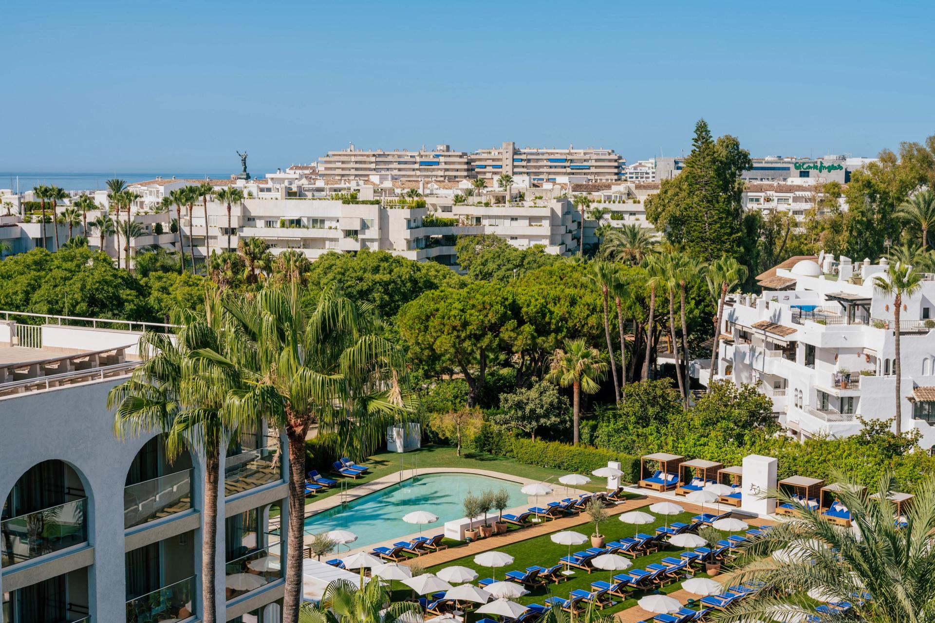 Overhead view of the outdoor swimming pool at ME Marbella