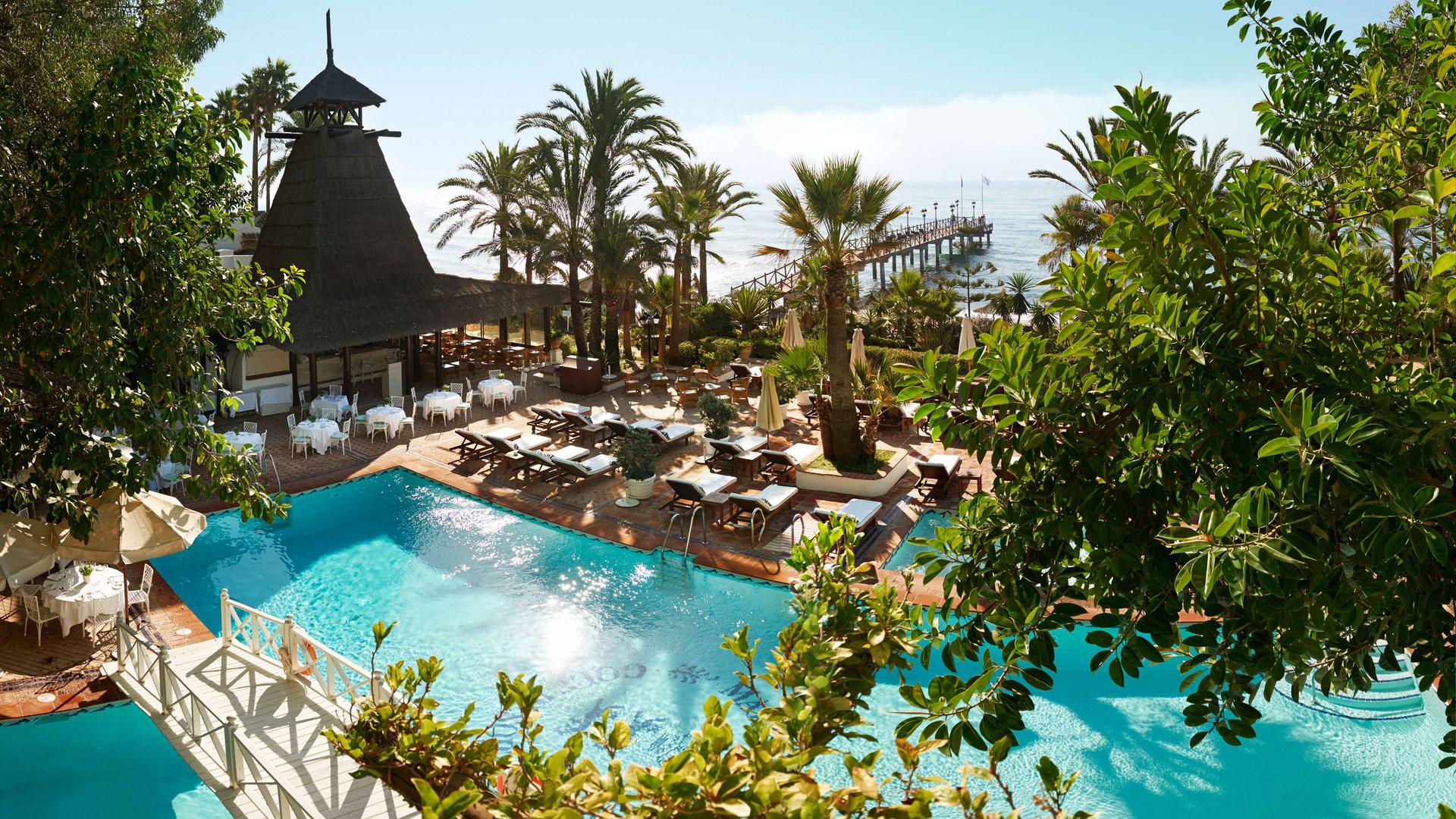 Overhead view of the outdoor swimming pool at Marbella Club Hotel