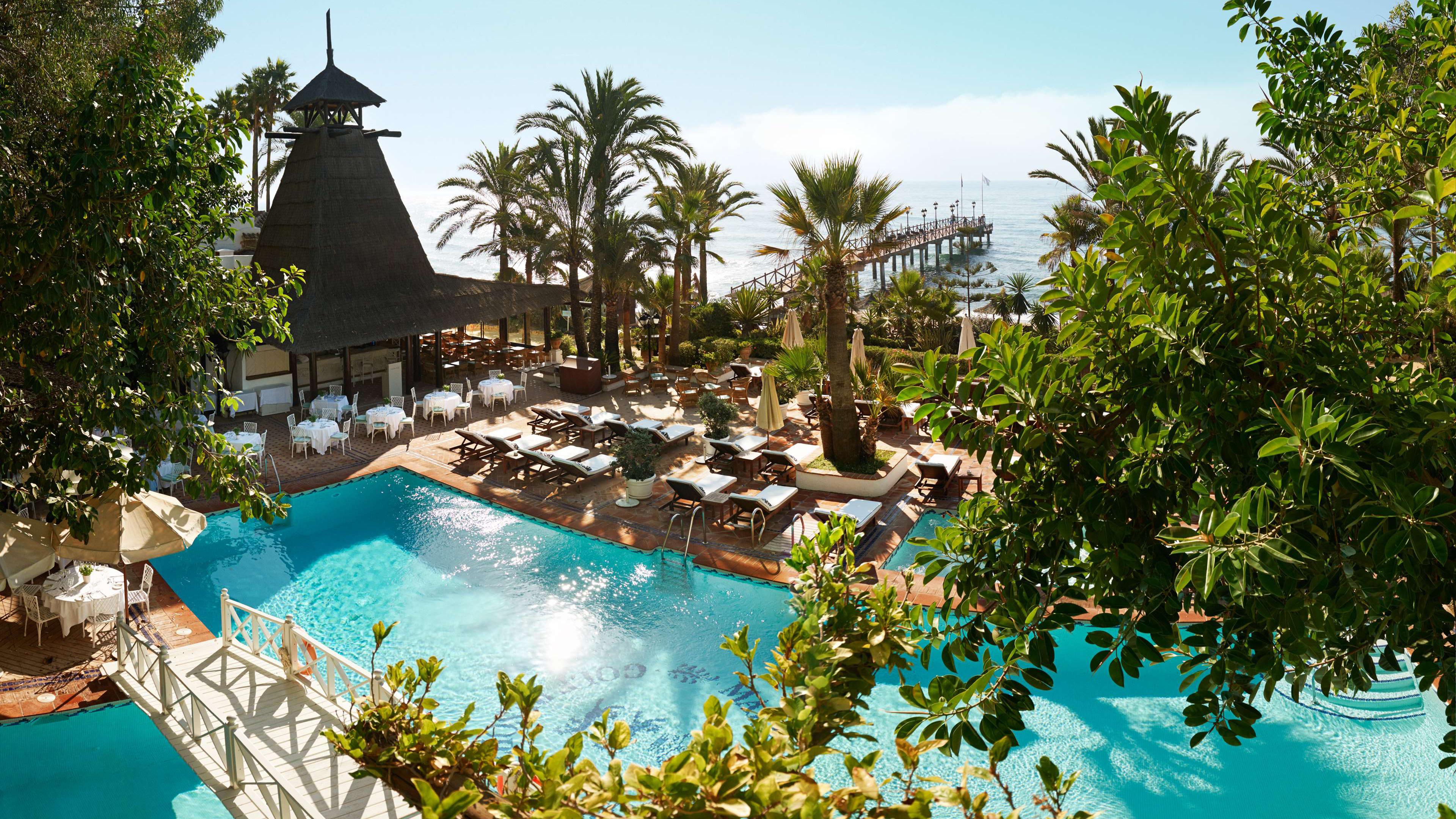 Overhead view of the outdoor swimming pool at Marbella Club Hotel