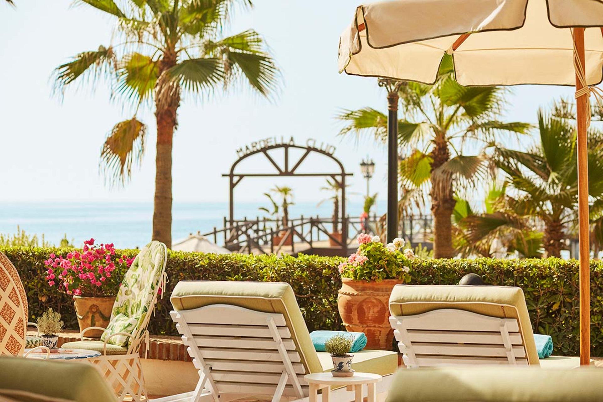 Sea side sunbed lounging area at Marbella Club Hotel