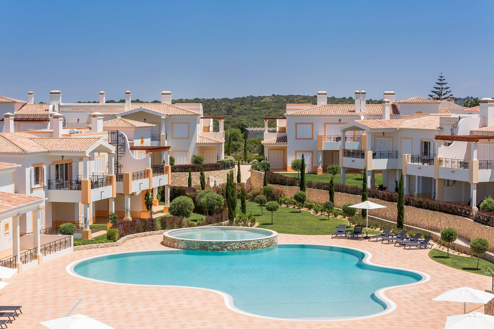 Overhead view of the outdoor swimming pool at Salema Beach Village