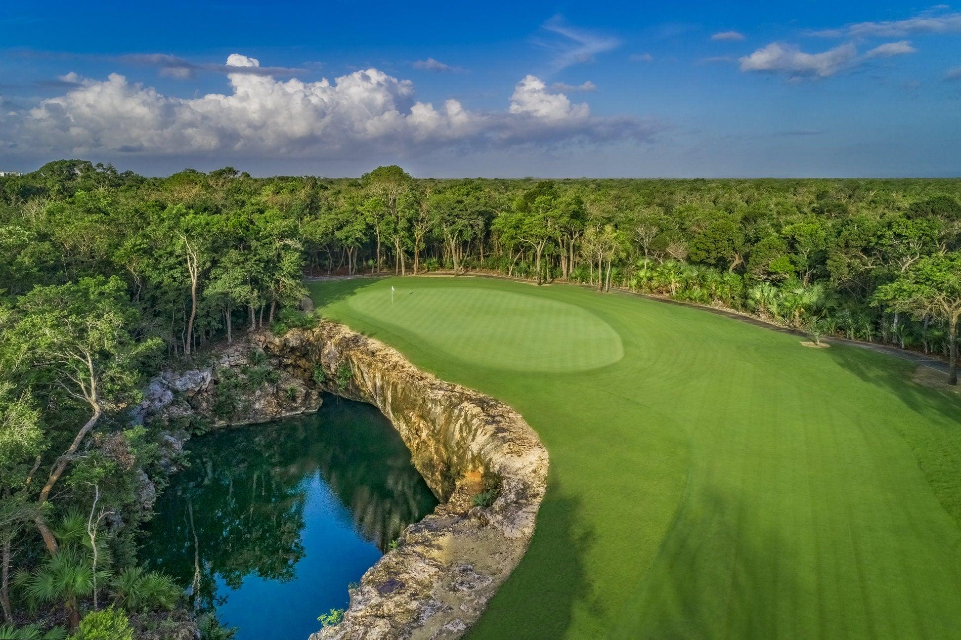 Overhead view of a well maintained fairway leading to a smooth green