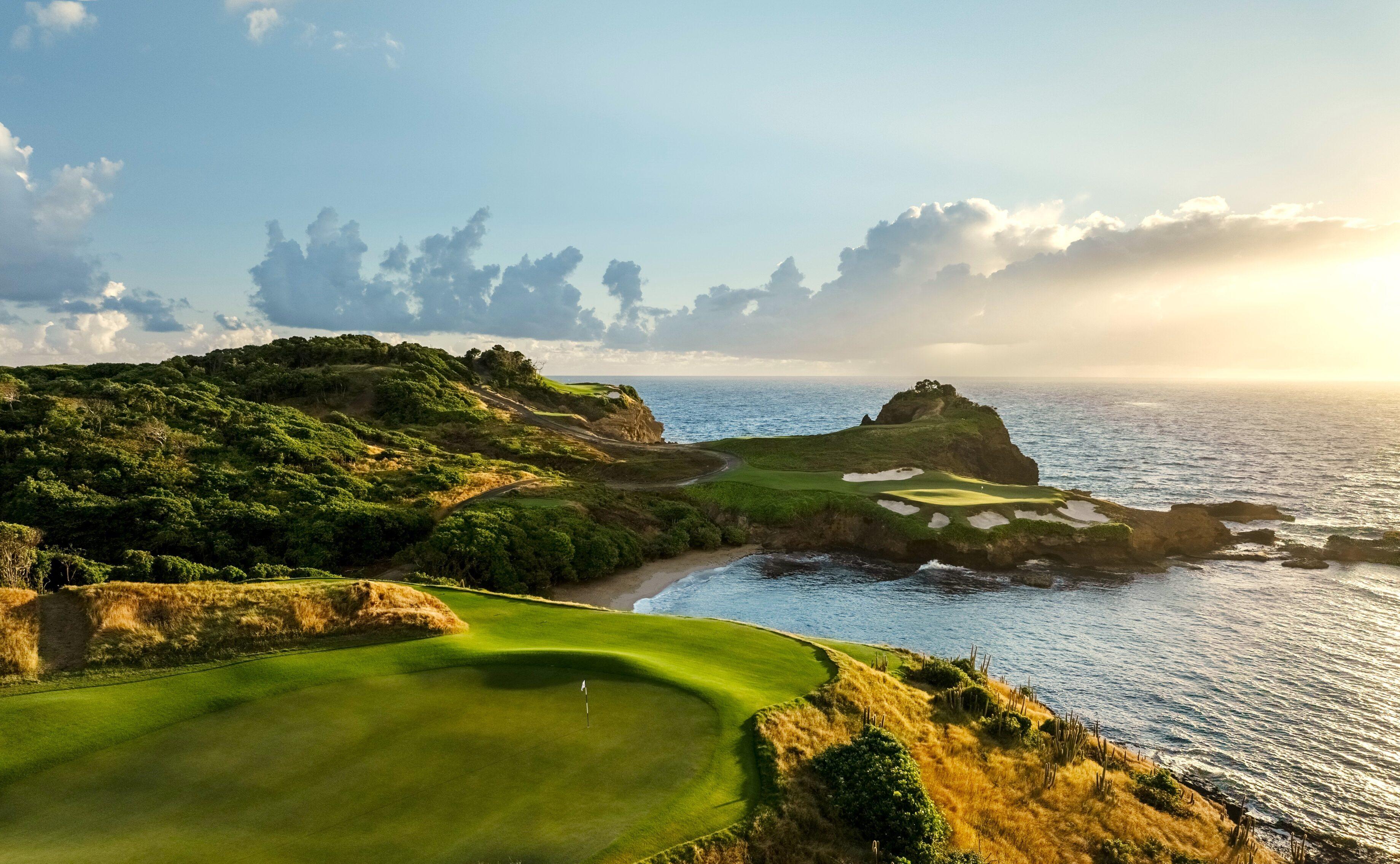 Overhead view of a coastal green under the caribbean sun
