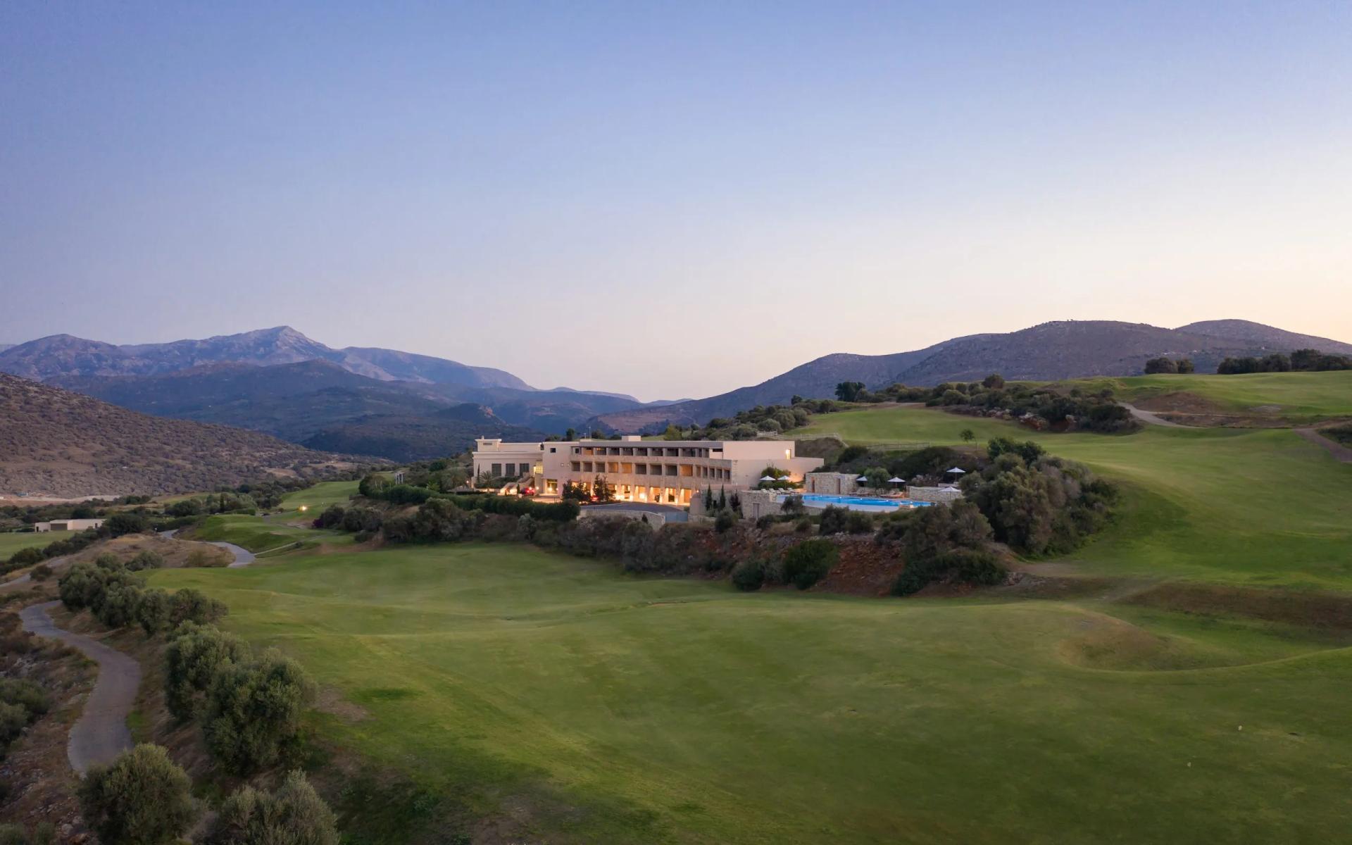 Panoramic view of the Crete Golf Club & Hotel overlooking its on site course