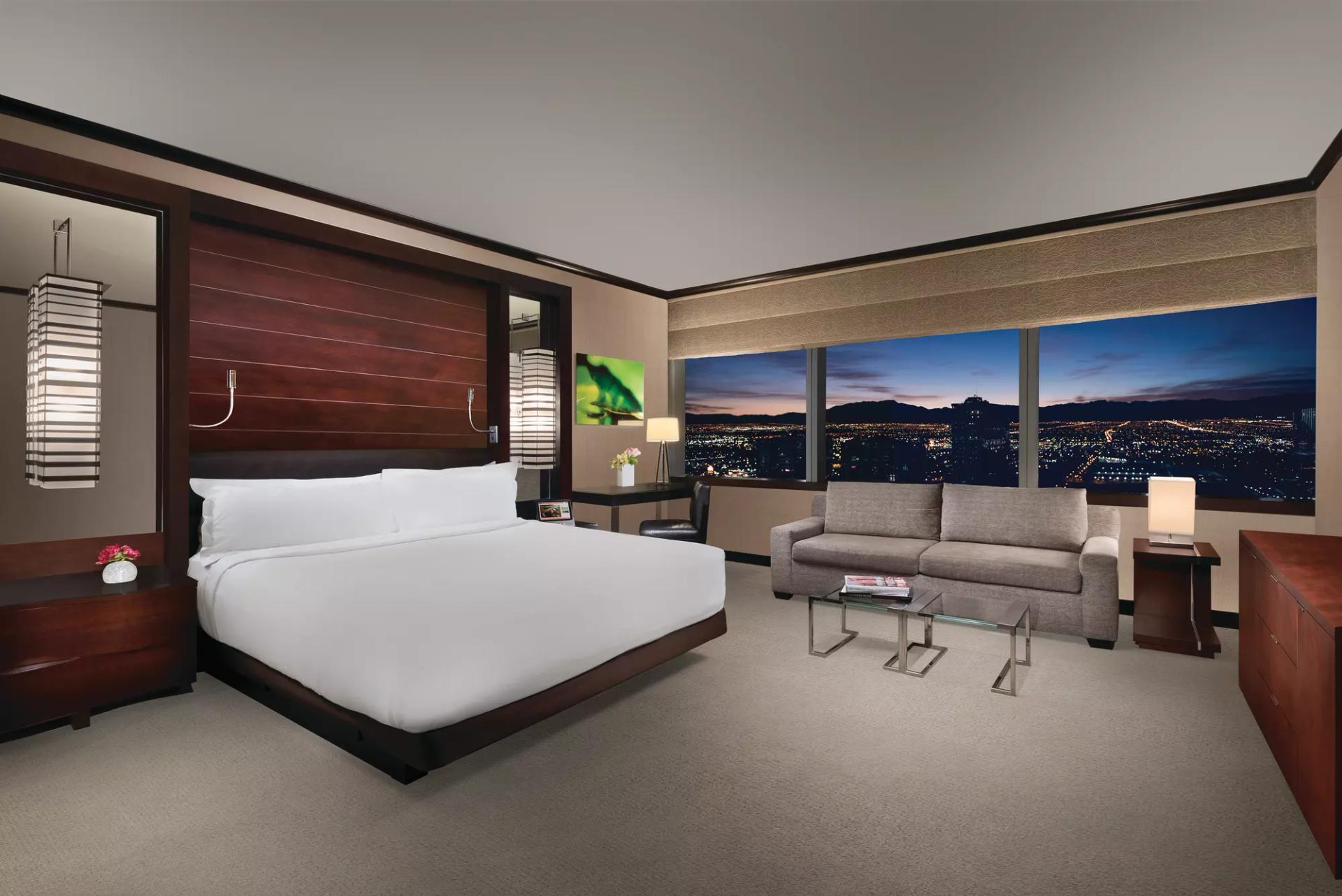 Double bed suite with city views at Vdara Hotel & Spa