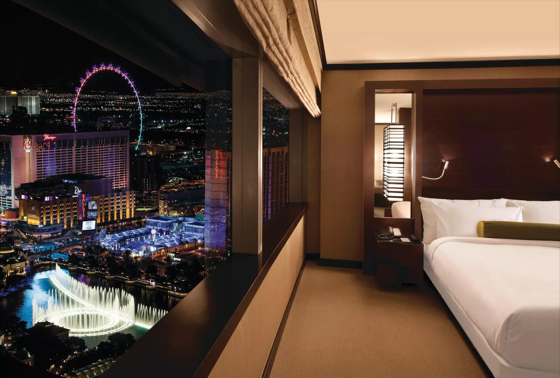 Double bed suite with city views at Vdara Hotel & Spa