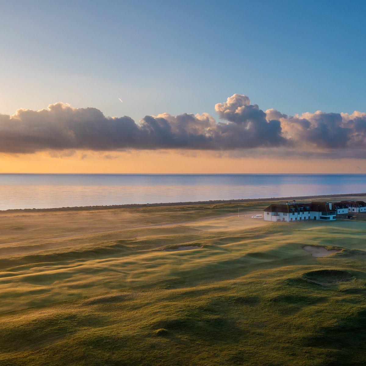 Overhead view of a well maintained fairway with coastal views