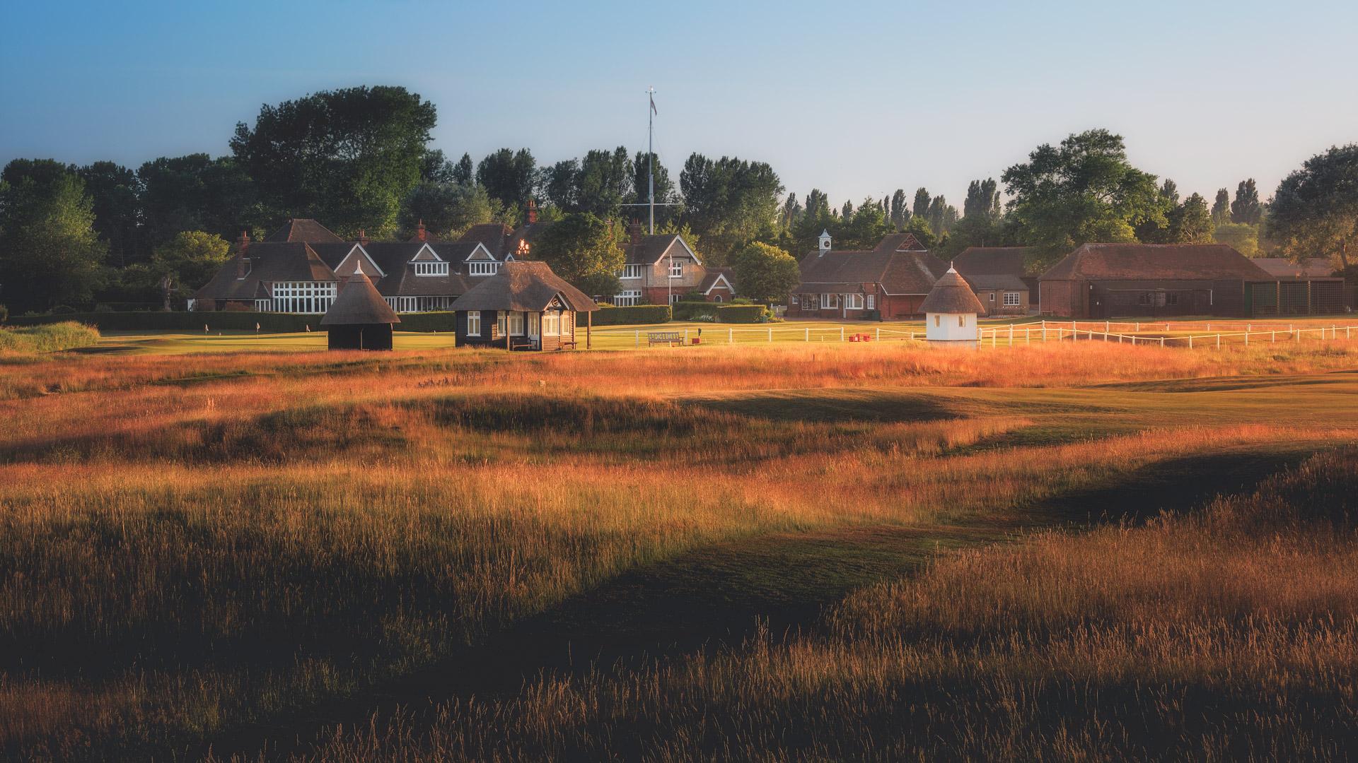 Panoramic view of the Royal St George's Golf Club clubhouse overlooking the course