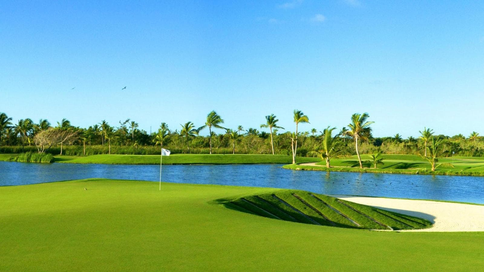 Coastal green with a sand bunker and water hazard