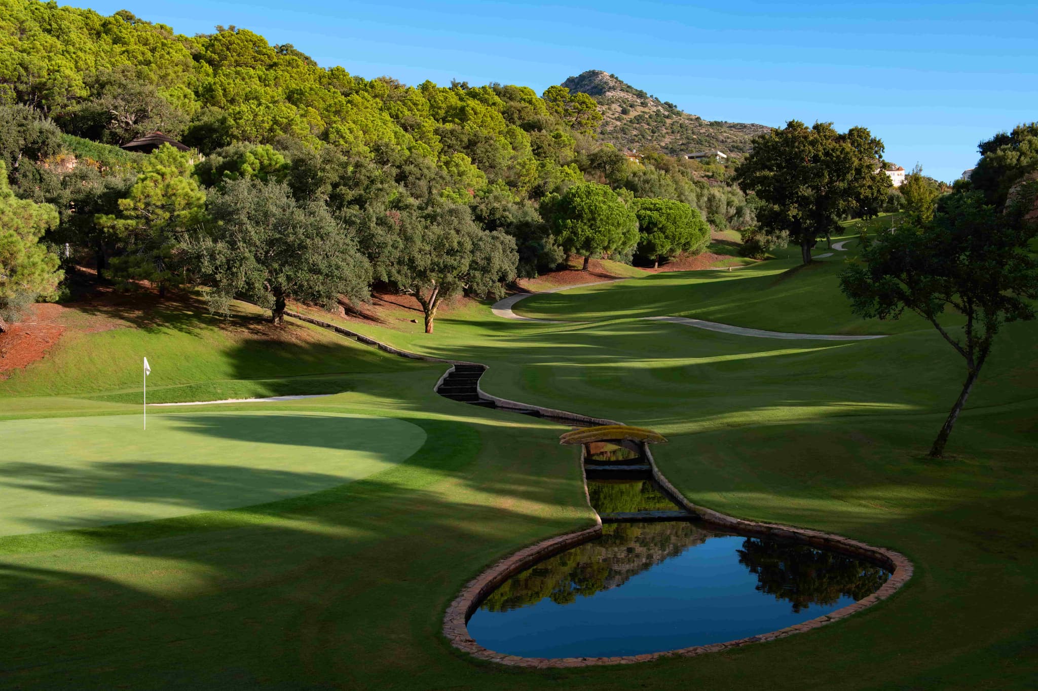 Winding fairway leading to a green with a small creek in front of it