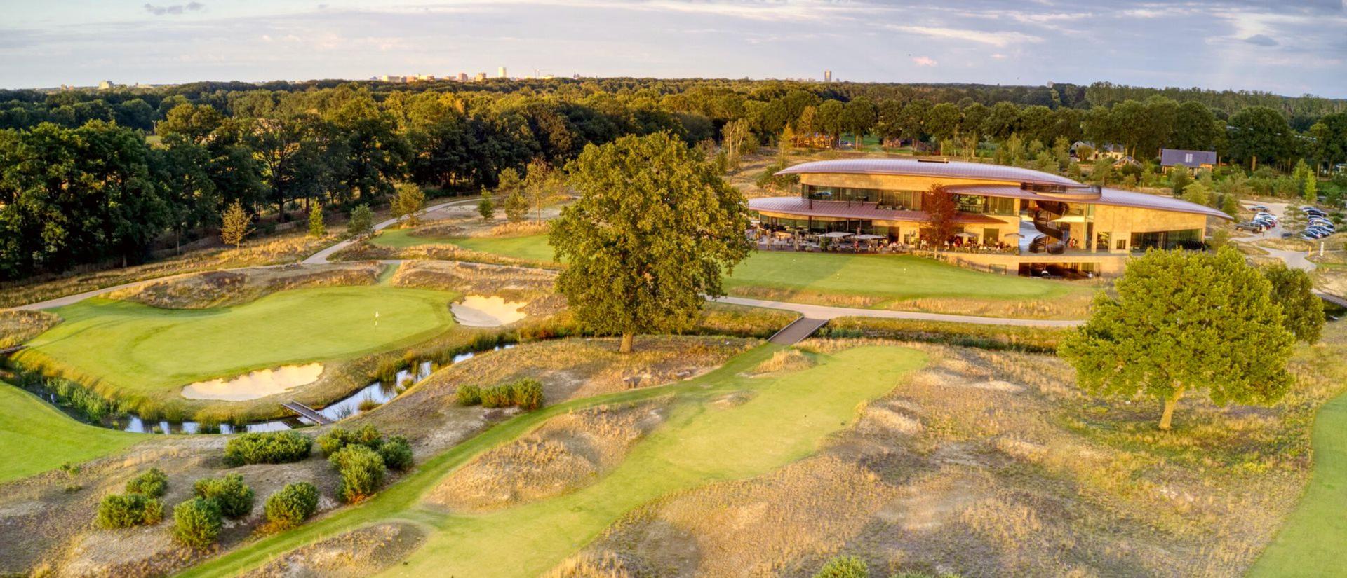 Overhead view of the Bernardus Lodge clubhouse overlooking the course