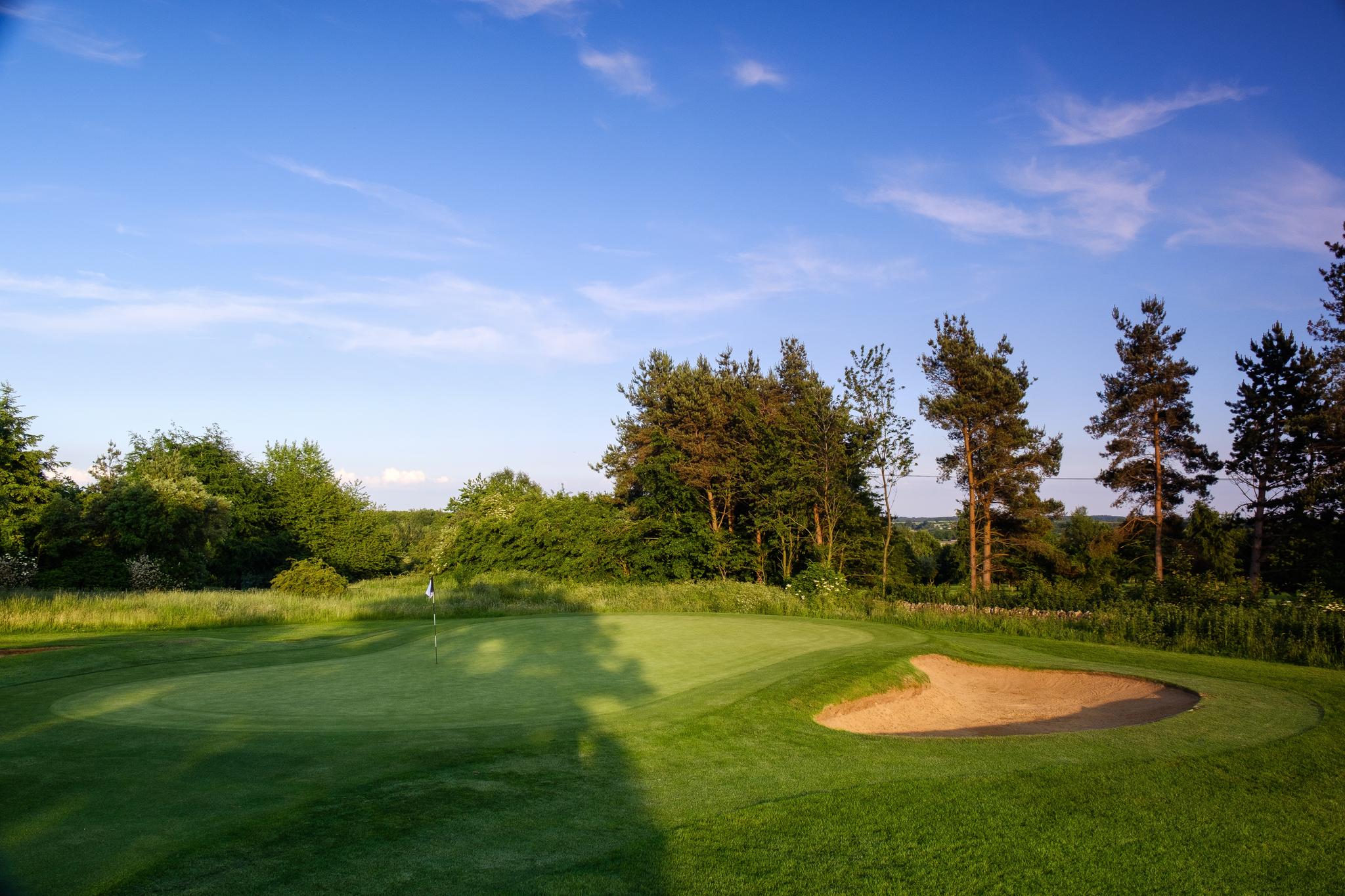 A smooth green with a sand bunker