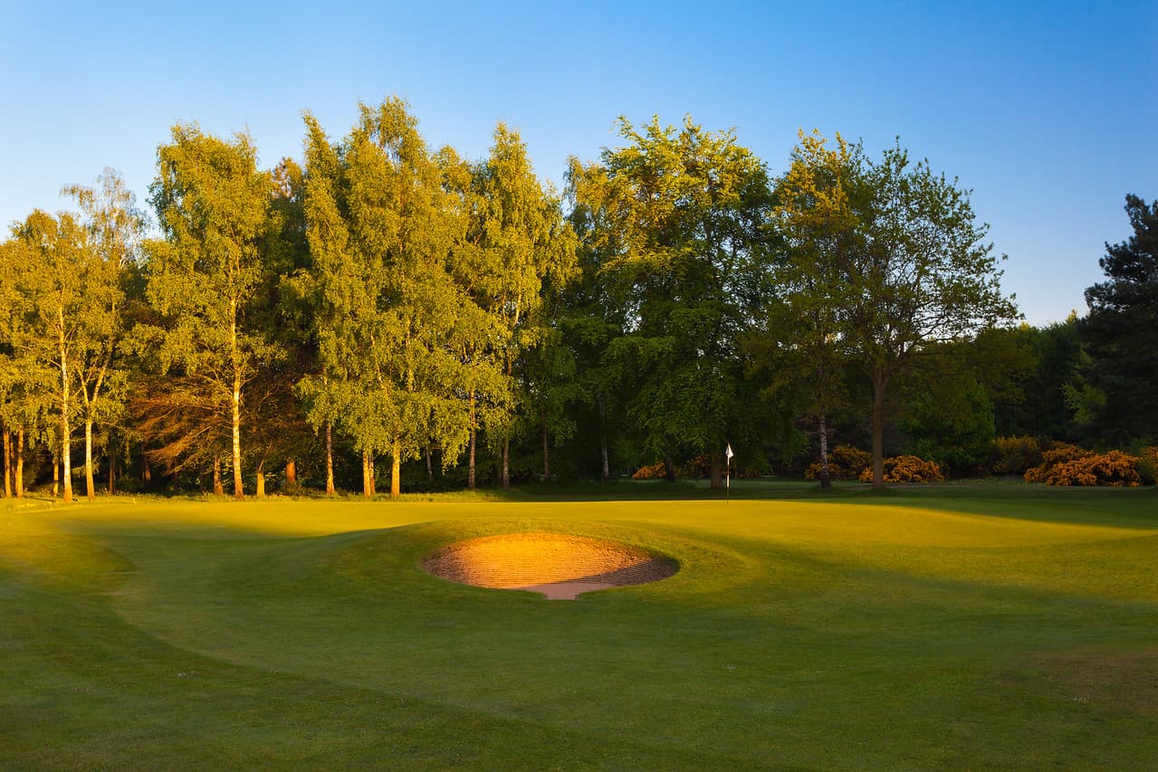 A smooth green with a sand bunker nestled next to it