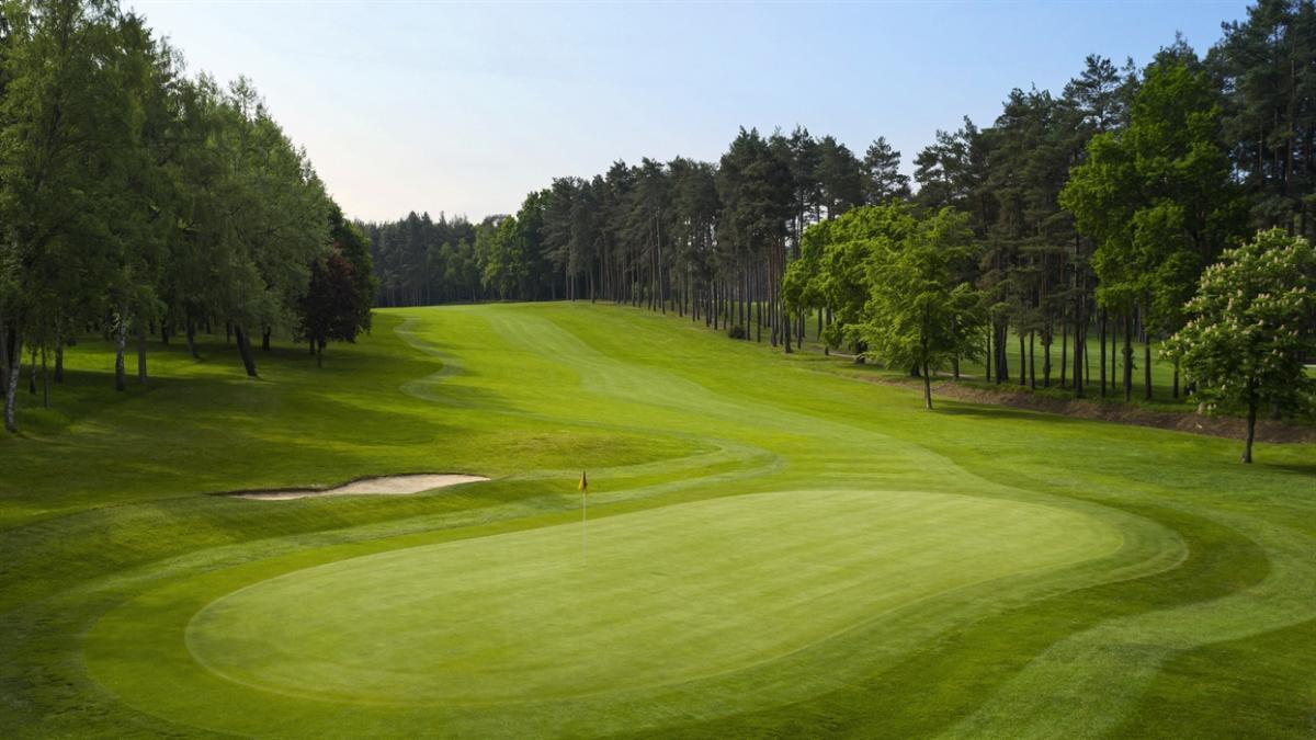 A wide fairway leading to a smooth green