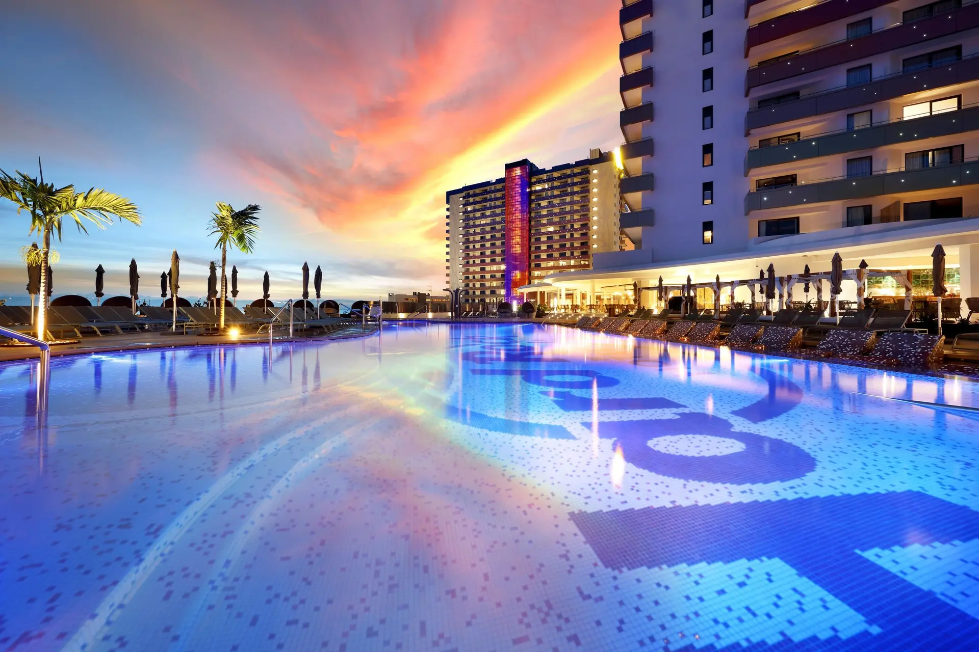 Panoramic view of the Hard Rock Hotel Tenerife overlooking the outdoor swimming pool