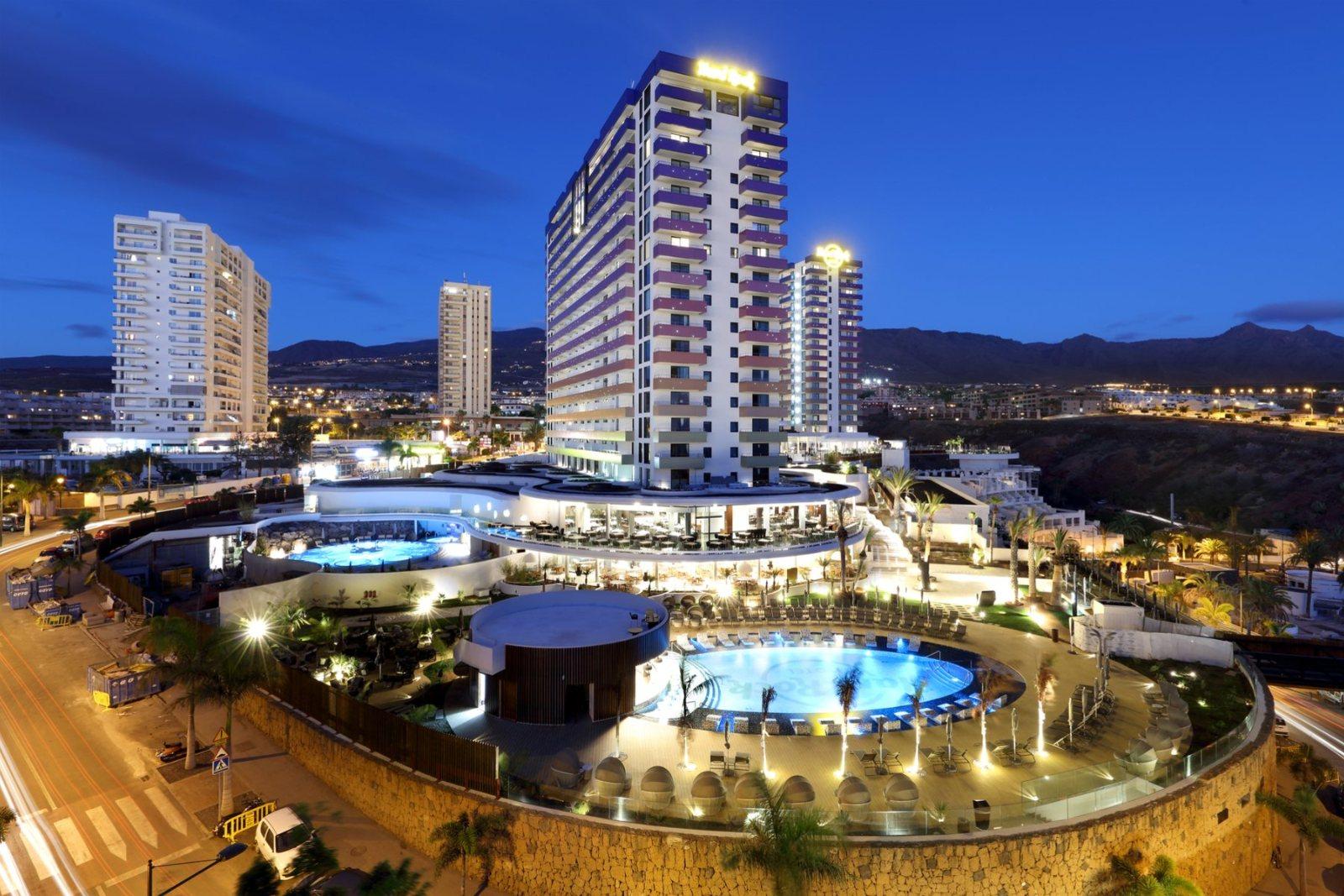 Panoramic view of the Hard Rock Hotel Tenerife lit up at evening