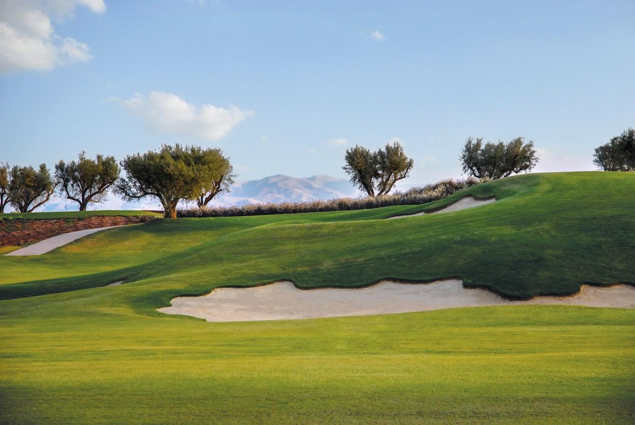 A well maintained fairway nestled with a sand bunker