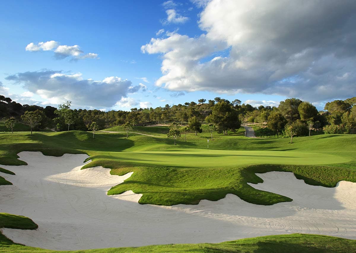 Large bunker in front of the green with trees in the background