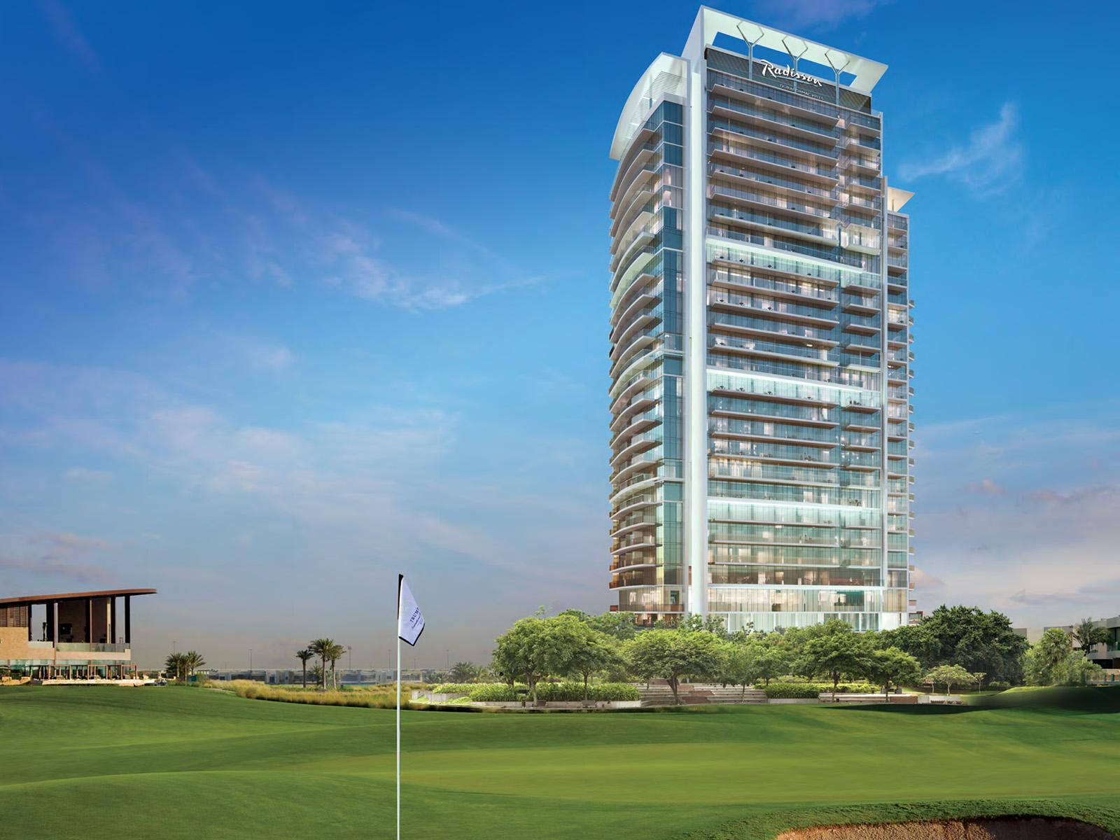 Panoramic view of the Radisson Dubai Damac Hills overlooking the trump international golf club