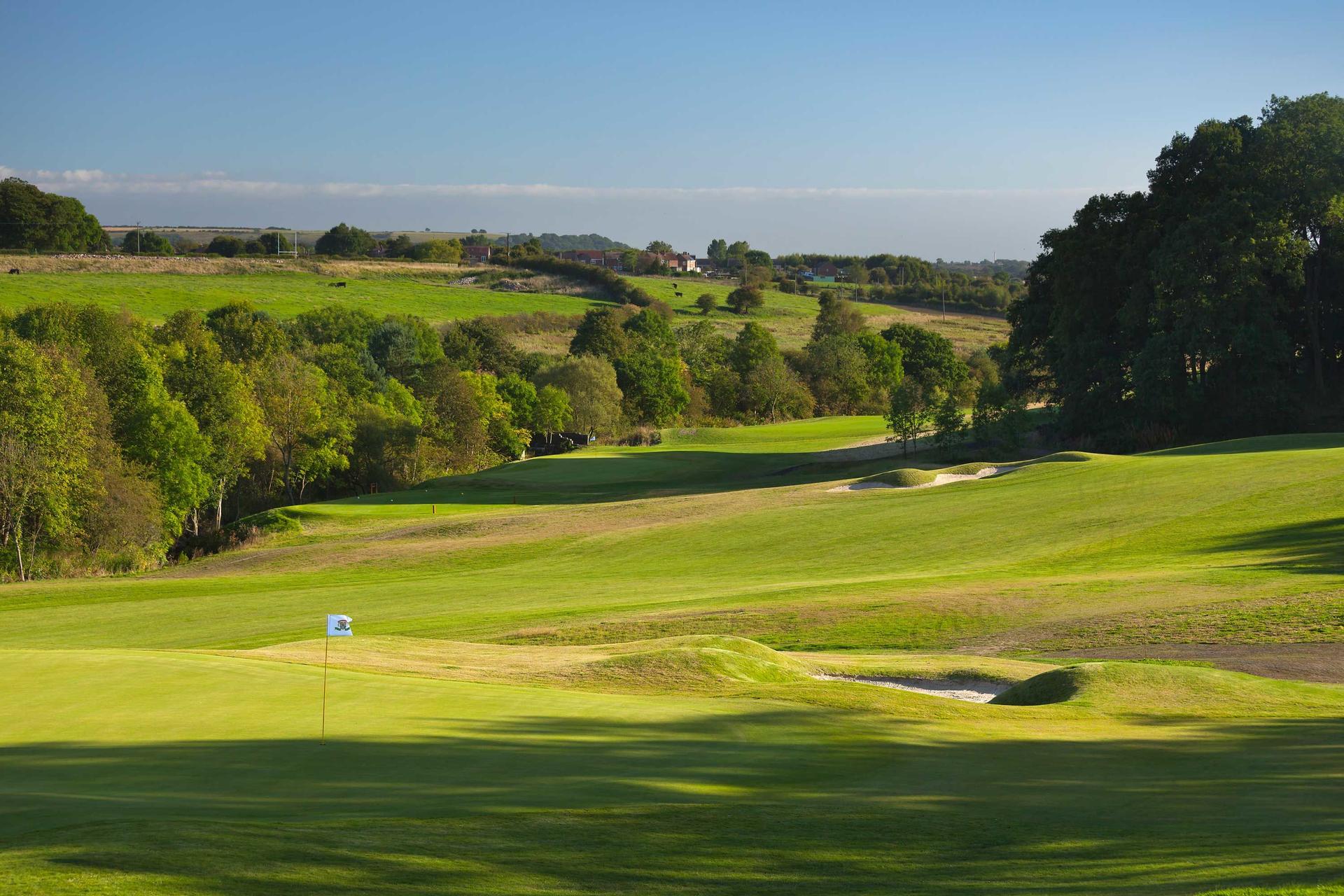 A well maintained fairway nestled with sand bunkers at the Ramside Hall Hotel, Golf & Spa