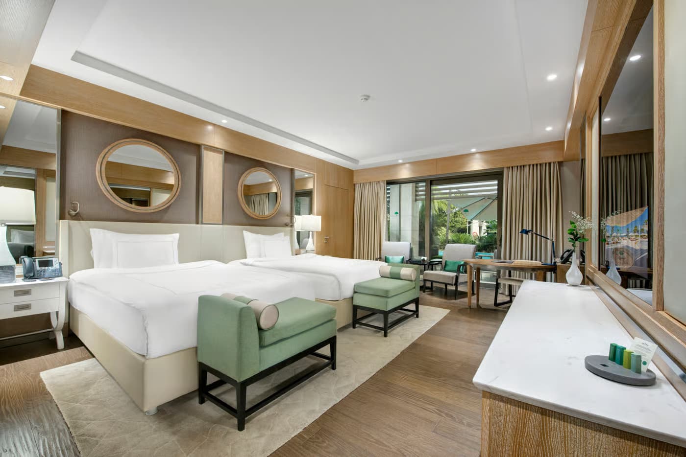 Twin double bed room with balcony views
