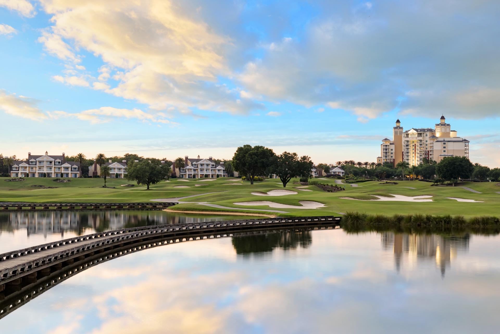 Panoramic view of the Reunion Resort next to a water hazard