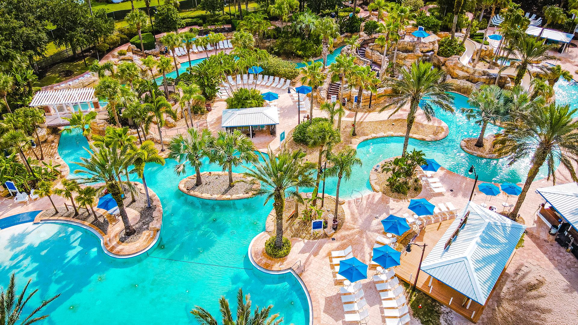 Birdseye view of the outdoor swimming pool at Reunion Resort