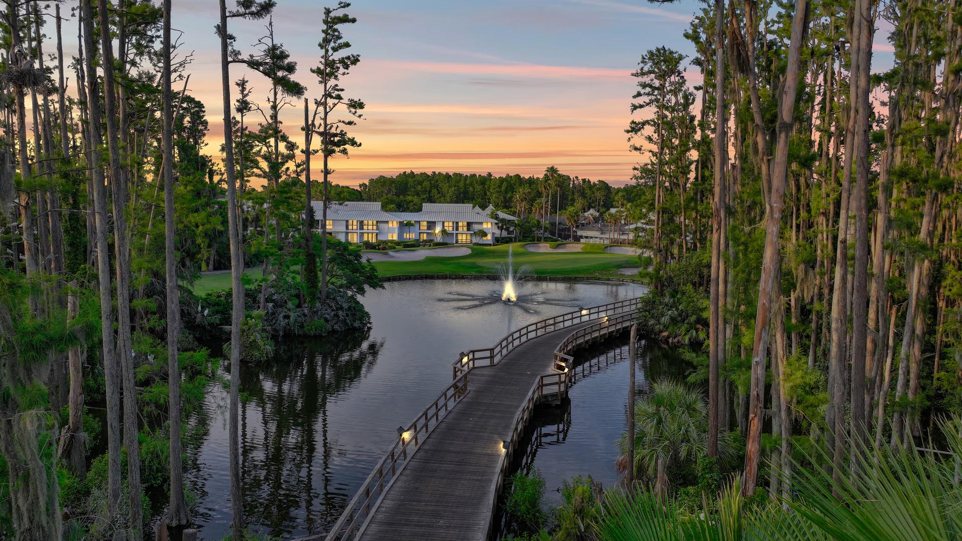 Overhead view of a bridge used to navigate the water hazard on the Saddlebrook Resort course