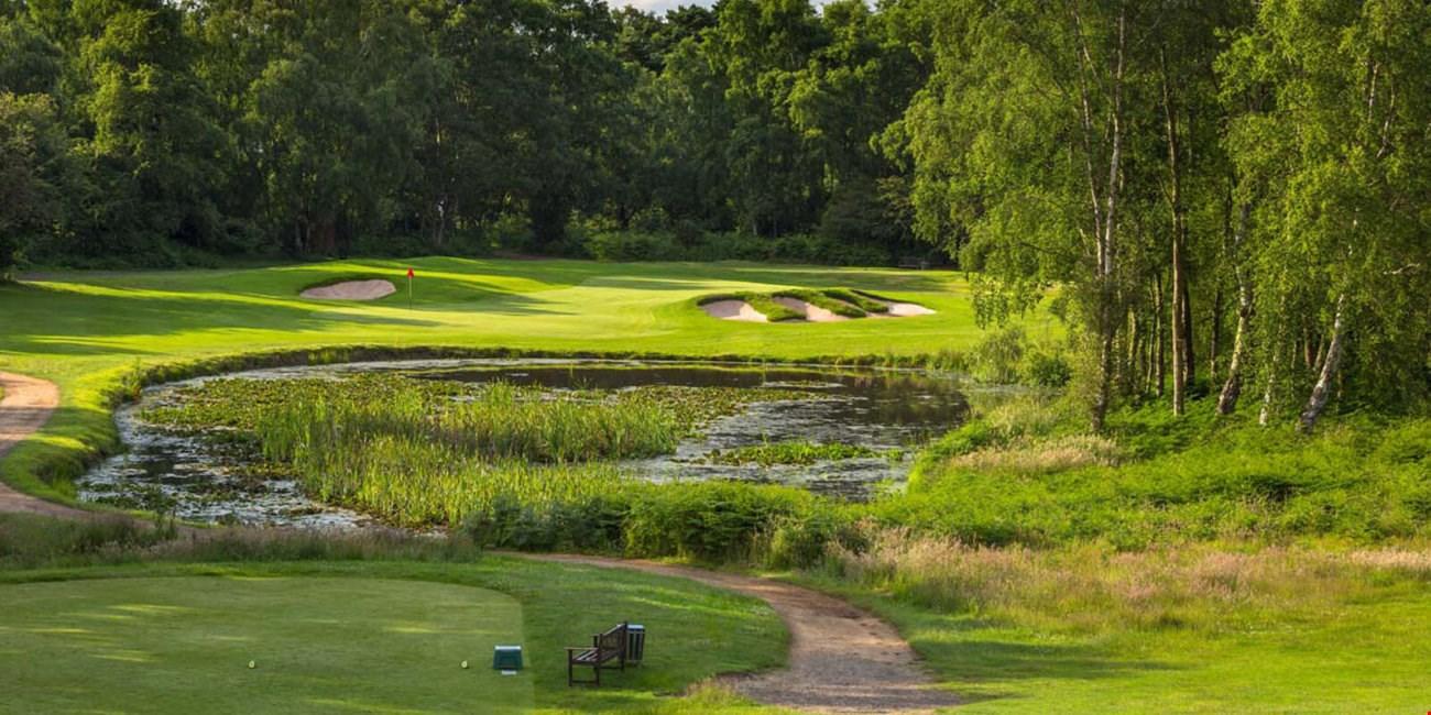 A well maintained fairway nestled with sand bunkers