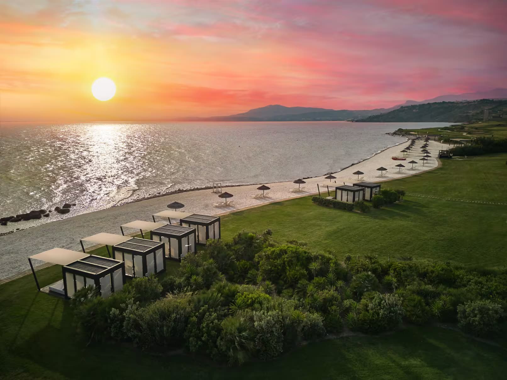 Overhead view of the private beach at Verdura Resort, Rocco Forte Hotels, Italy