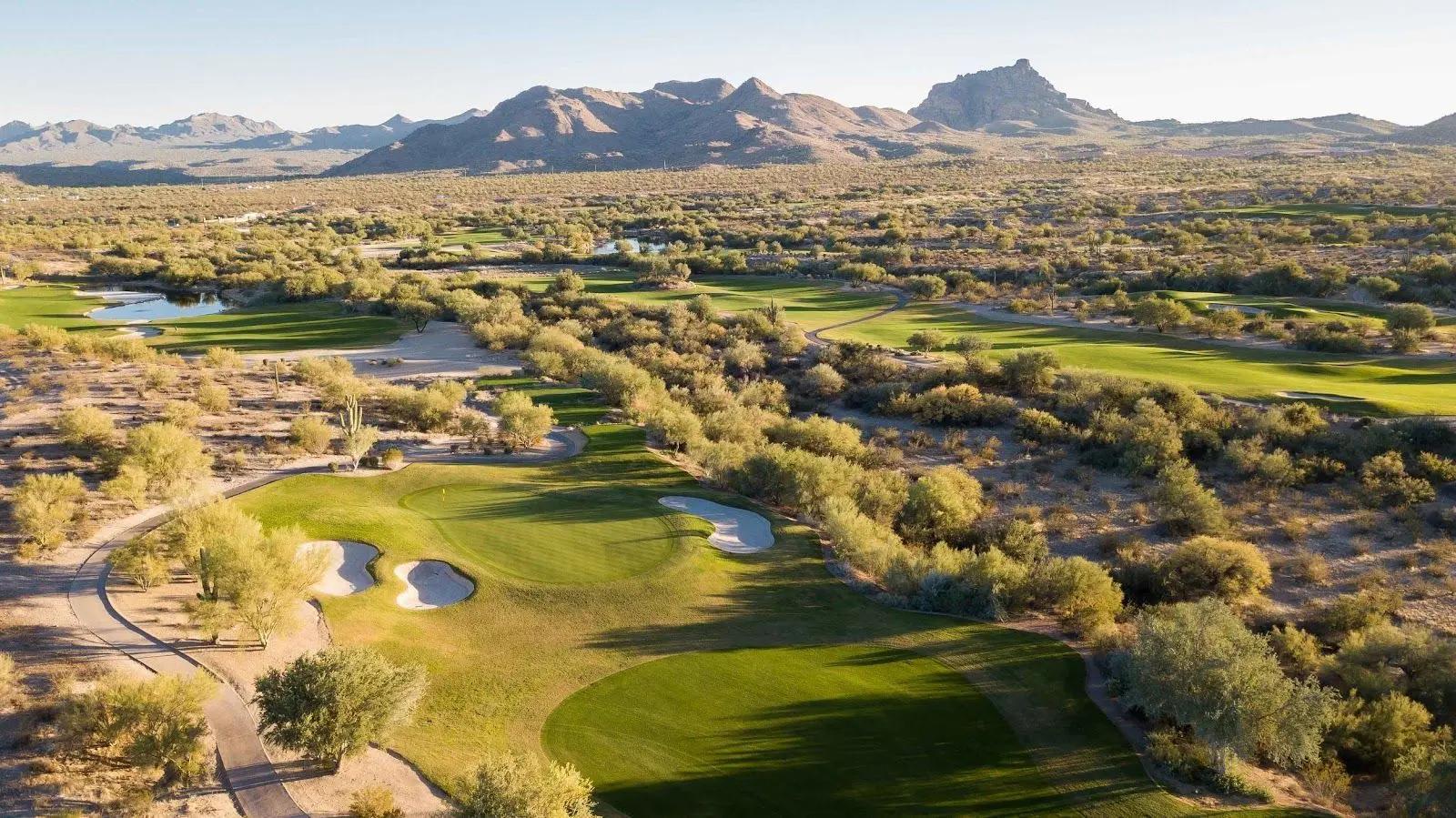Overhead view of a well maintained fairway nestled with sand bunkers at the We-Ko-Pa Resort
