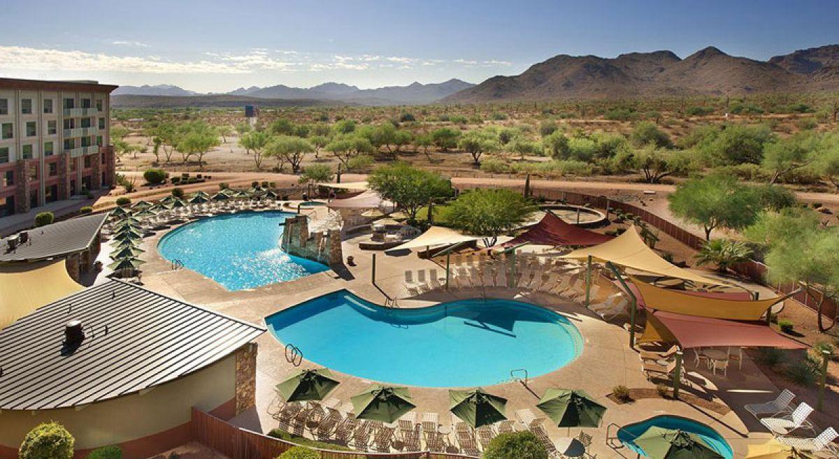 Overhead view of the outdoor swimming pool at We-Ko-Pa Resort