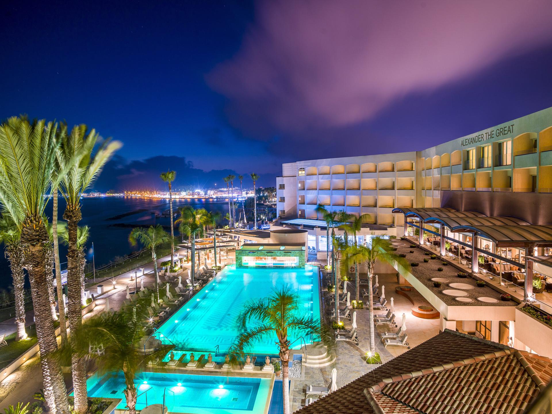 Overhead view of the outdoor swimming pool at evening