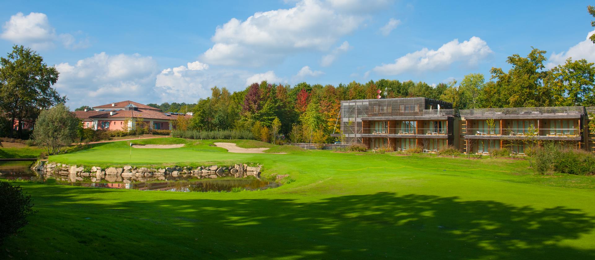 Panoramic view of the Bogogno Golf Resort overlooking the outdoor course