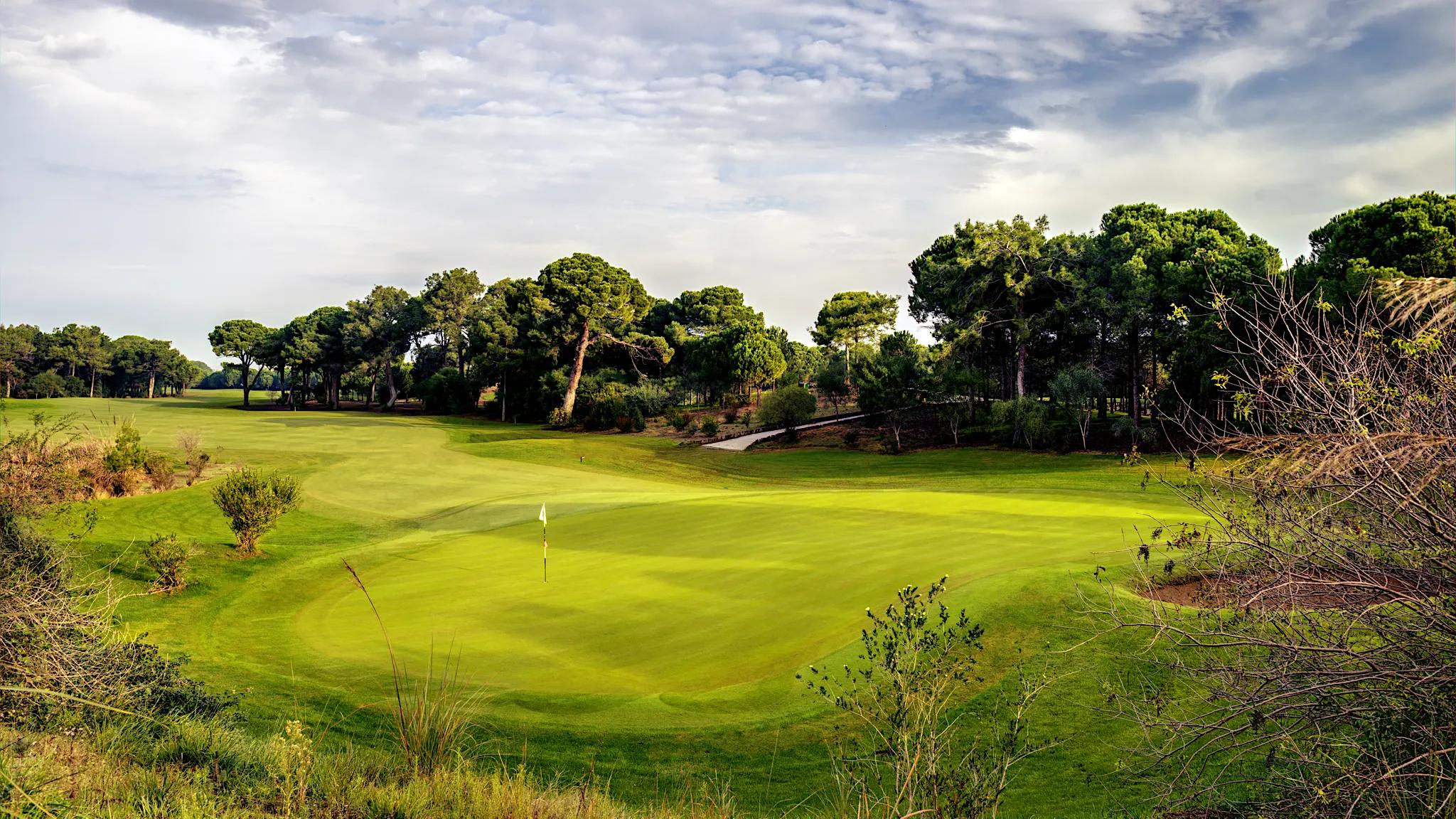 A well maintained fairway leading to a smooth green