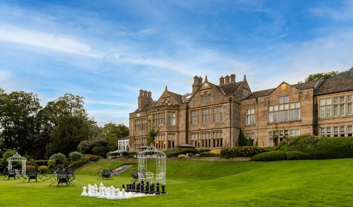 Panoramic view of Hollins Hall Hotel & Country Club with a life size chess board