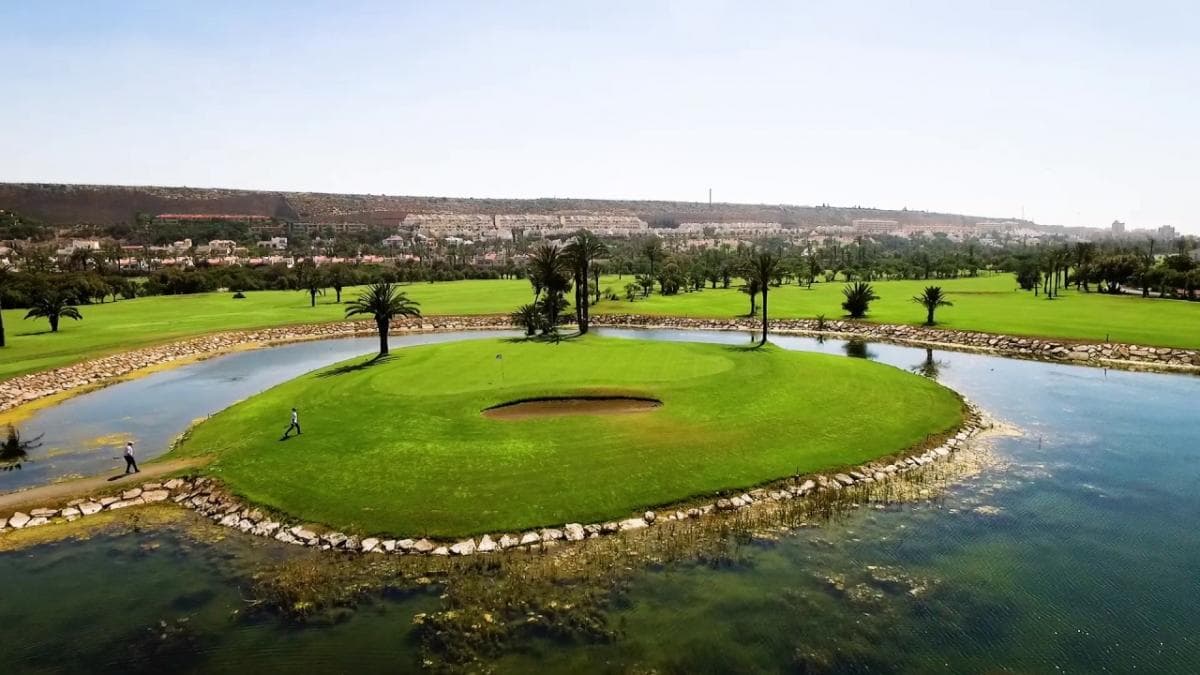A smooth island green nestled with a sand bunker