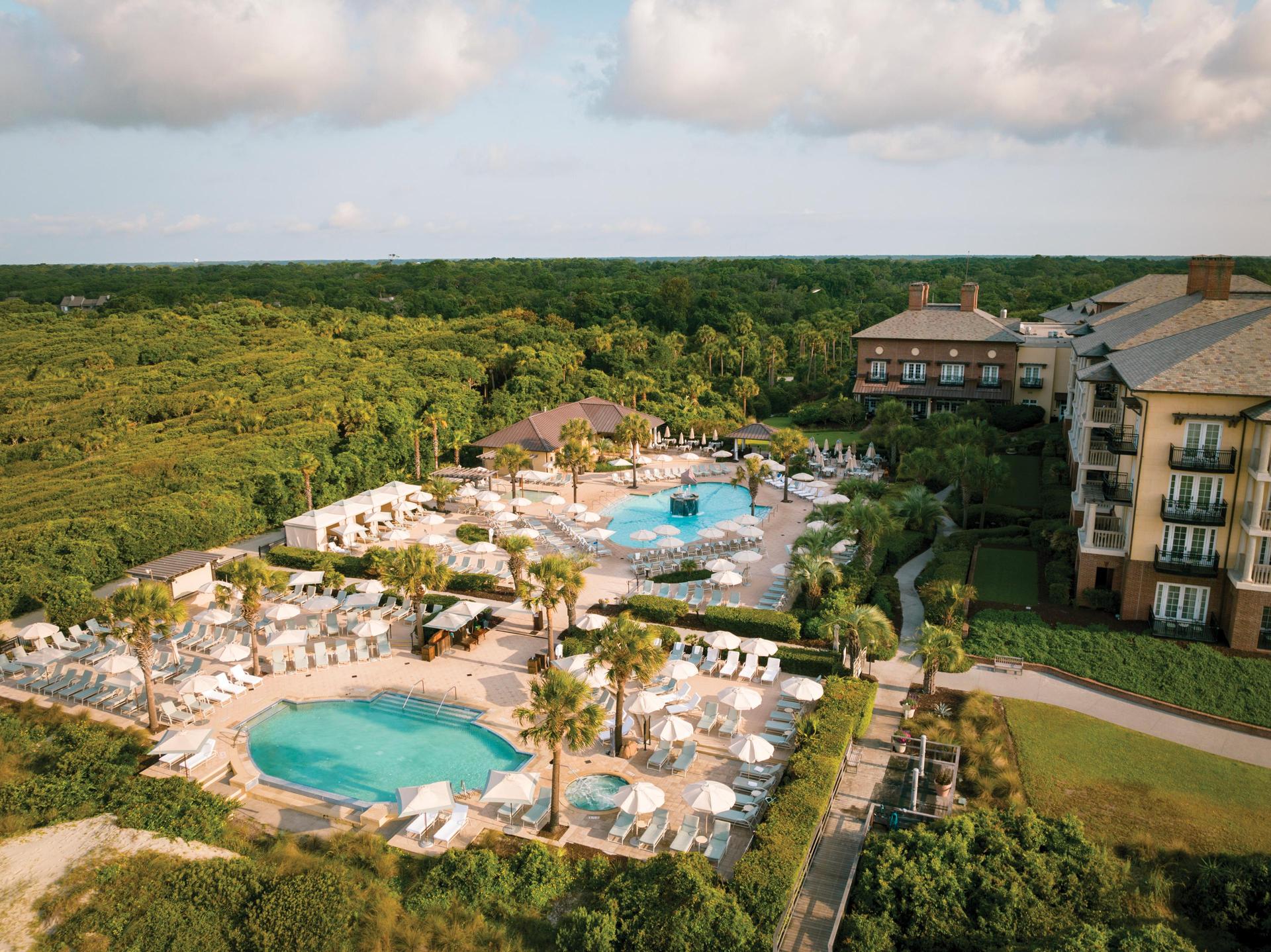 Overhead view of the outdoor swimming pools at Kiawah Island Golf Resort