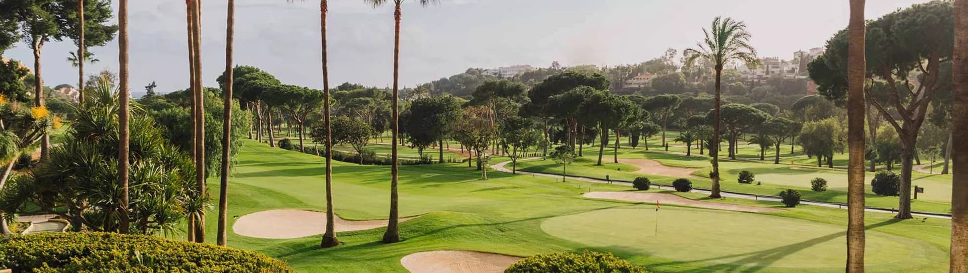 A well maintained fairway nestled with sand bunkers lined with palm trees