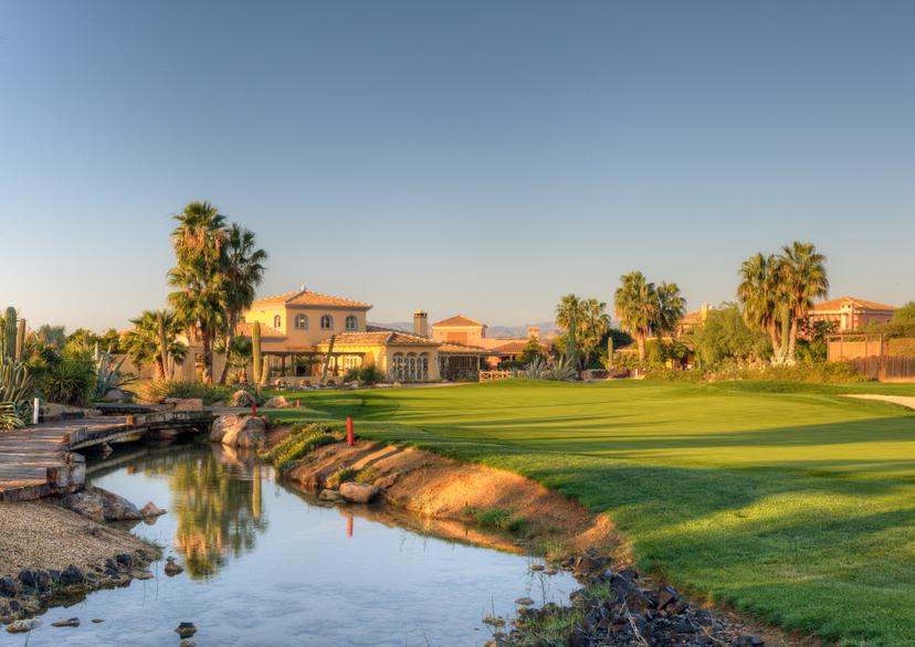 Panoramic view of the Desert Springs Resort building overlooking the course